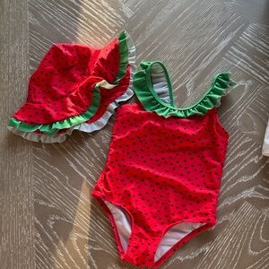 Girls' Red Watermelon Print One-Piece Swimsuit with Ruffle Trim